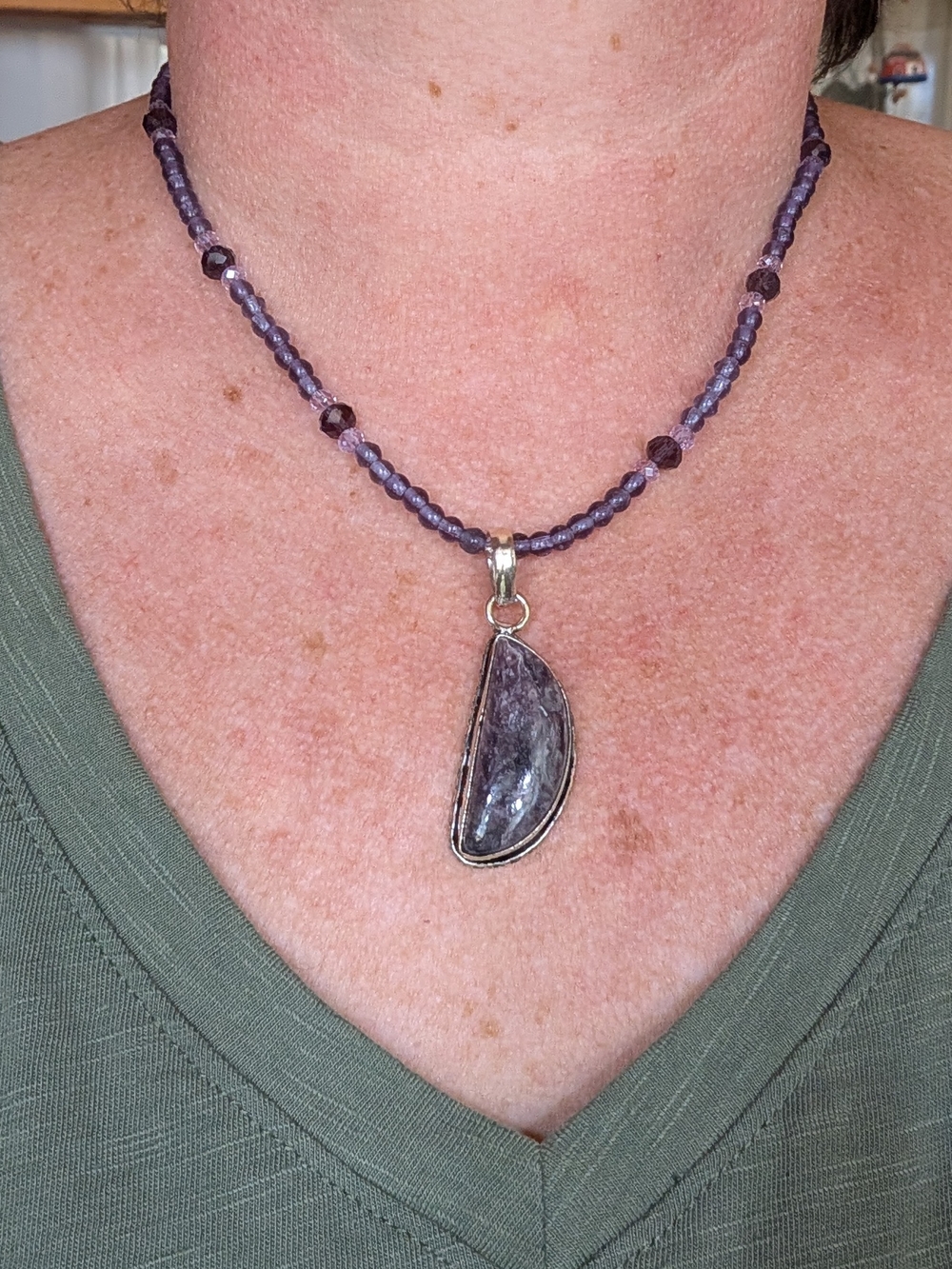 Handmade Purple Bead Necklace with Semi-Precious Pendant